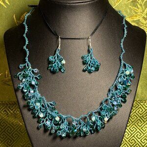 Turquoise Swarovski crystal "seaweed" necklace & earring set by Kim Collins